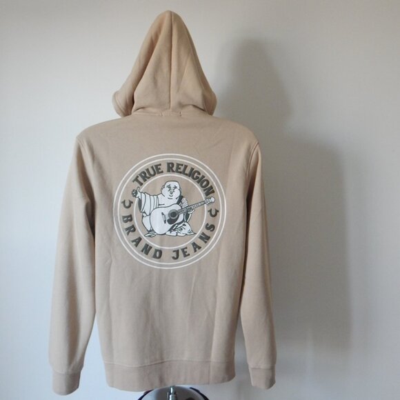 NWT MEN TRUE RELIGION Buddha Logo Seal Full Zip Fleece Hoodie Jacket Beige MED - Picture 2 of 8